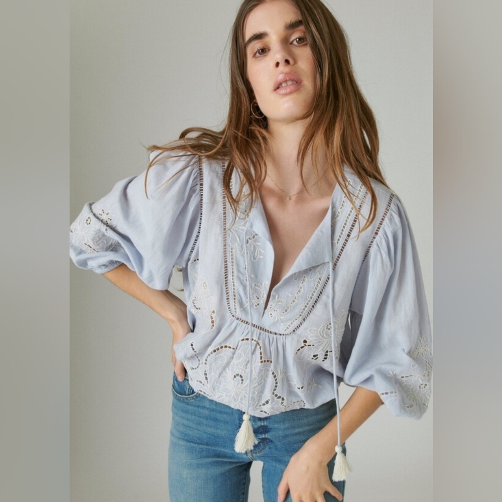 Lucky Brand- Baby blue peasant style laser cutout blouse